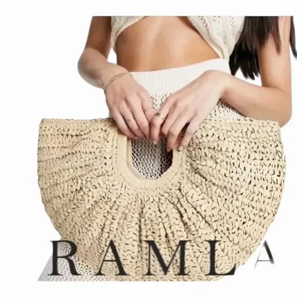 Ramla Bohemian Tan Woven Straw Half Moon Hobo Bag New Handmade Zip Closure - Picture 16 of 16